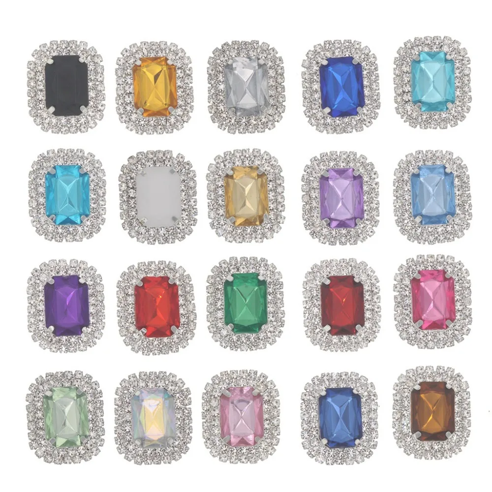 Fashion 10Pcs 28x22mm Double Row Rectangle Rhinestone 4-Hole Sew On With Claw Acrylic Gems Craft Diamante Crystals Jewelry