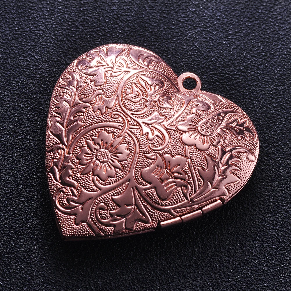 2 Pcs/Lot Big Heart Photo Frame Locket Box Copper Gold Color Steel  Tone Pendant DIY Vintage Jewelry