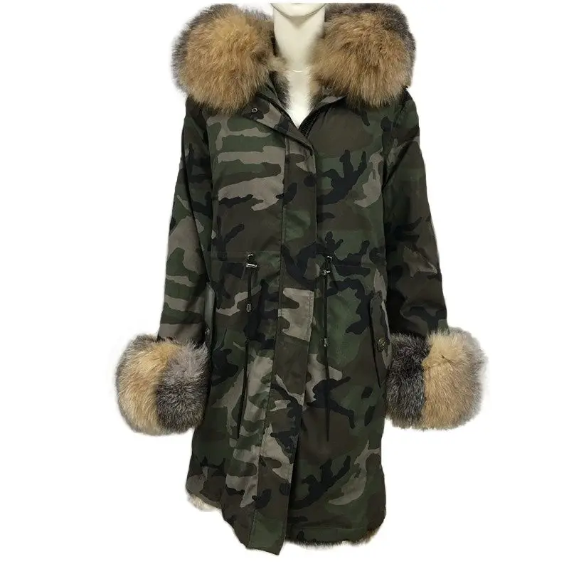 

Camouflage Army Green Long Coat Tartan Fox Fur Lining Neutral Style Color Matching Fox Fur Collar Winter Warm