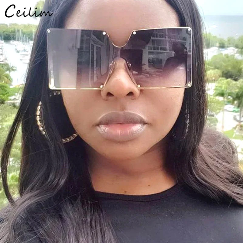 

Luxury Oversized Rimless Square Sunglasses Women Brand Designer 2024 New Big Frame Rivet Sun Glasses Fashion Gradient Shades