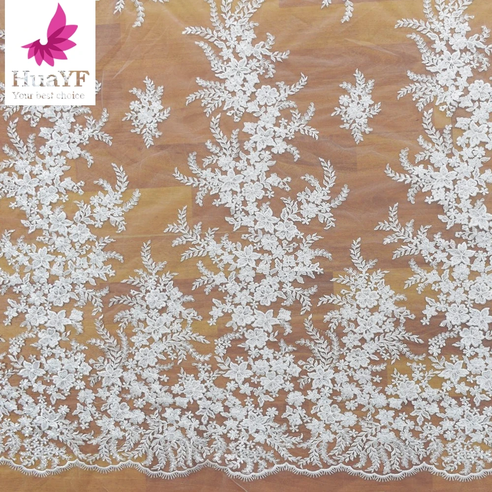 1 Yard Snow White New French Bridal Mesh Embroidery Lace Sequence Fabrics HY1315