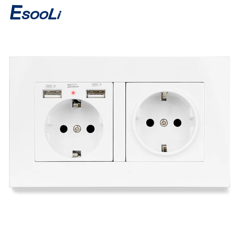 Esooli PC Plastic Panel Wall Socket EU Standard Power Outlet With Dual USB Smart Induction Charge Port For Mobile 5V 2.1A