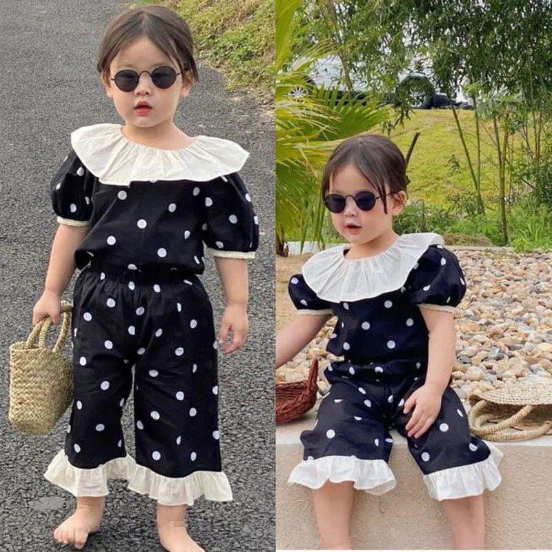 Children'S Sweet Lace Suit Summer Girl Costumes Doll Collar Short-Sleeved Top + Nine-Point Pants Two-Piece Children'S Outfits