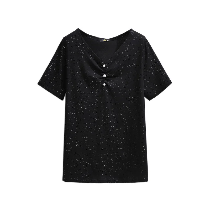 T-shirt à col en V à paillettes en coton noir pour femmes, T-shirt à manches courtes, grande taille, été, dames, nouveau, 2021, 3XL, 4XL, 5XL, 6XL, 7XL