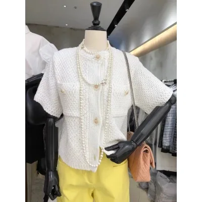 2022 Autumn Korean Vintage Knitted Cardigans Sweaters Women Single-breasted Short Sleeve O-neck Pockets Elegant Ladies Cardigans