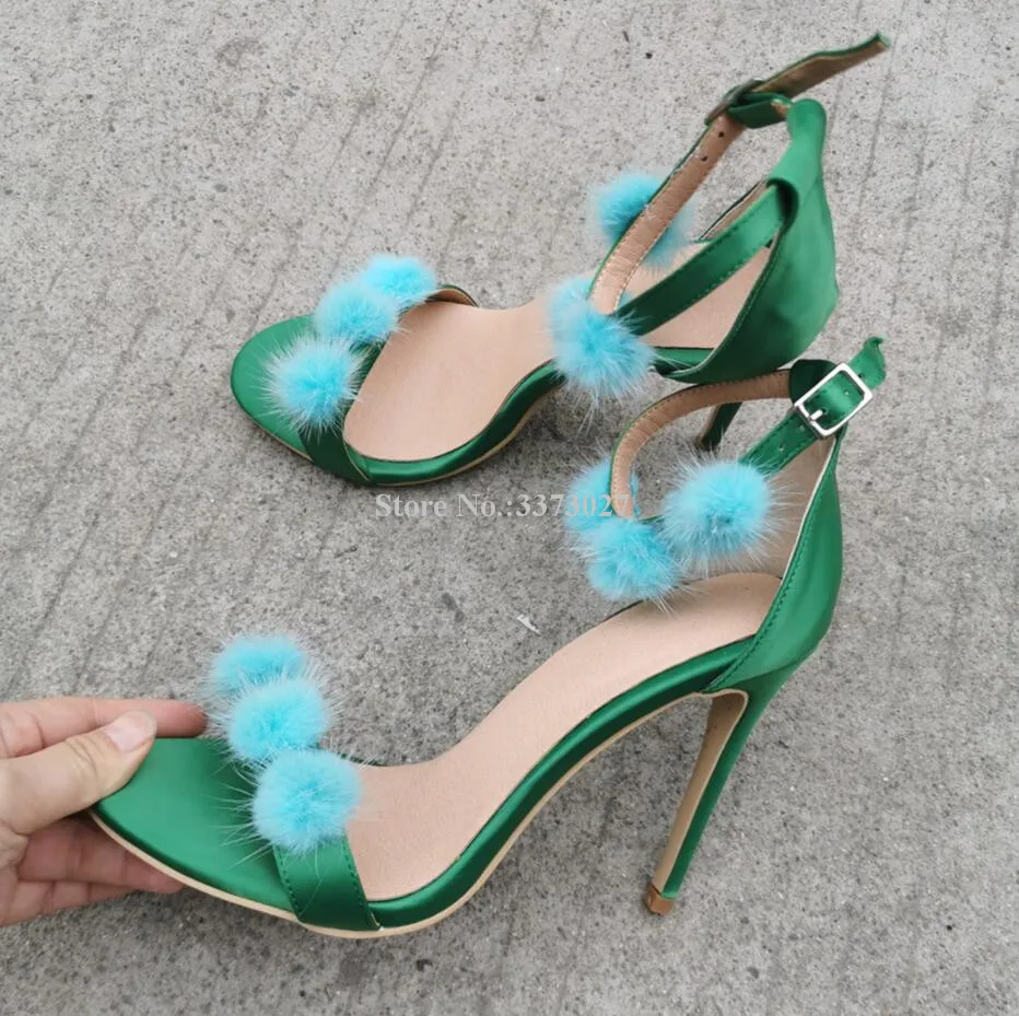 Lady New Green Ball Decor Stiletto Heel Sandals Shoes Fashion Ankle Buckle Real Photos High Heel Dress Sandals Women Party Shoes