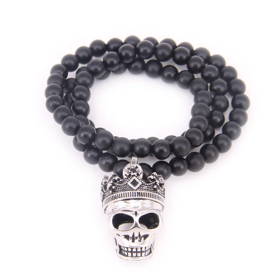 Thomas  Black Obsidian Beads and Royal Crown Skull Pendant Necklace, Rebel Heart Jewelry Punk Christmas Gift For Women and Men