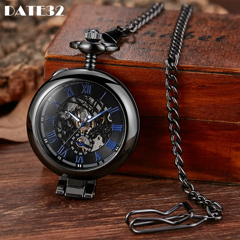 

Roman Numeral Collection Mechanical Pocket Watch Skeleton Black Blue Case Dial Male Fob Chain Clock for Men Women Dropshipping