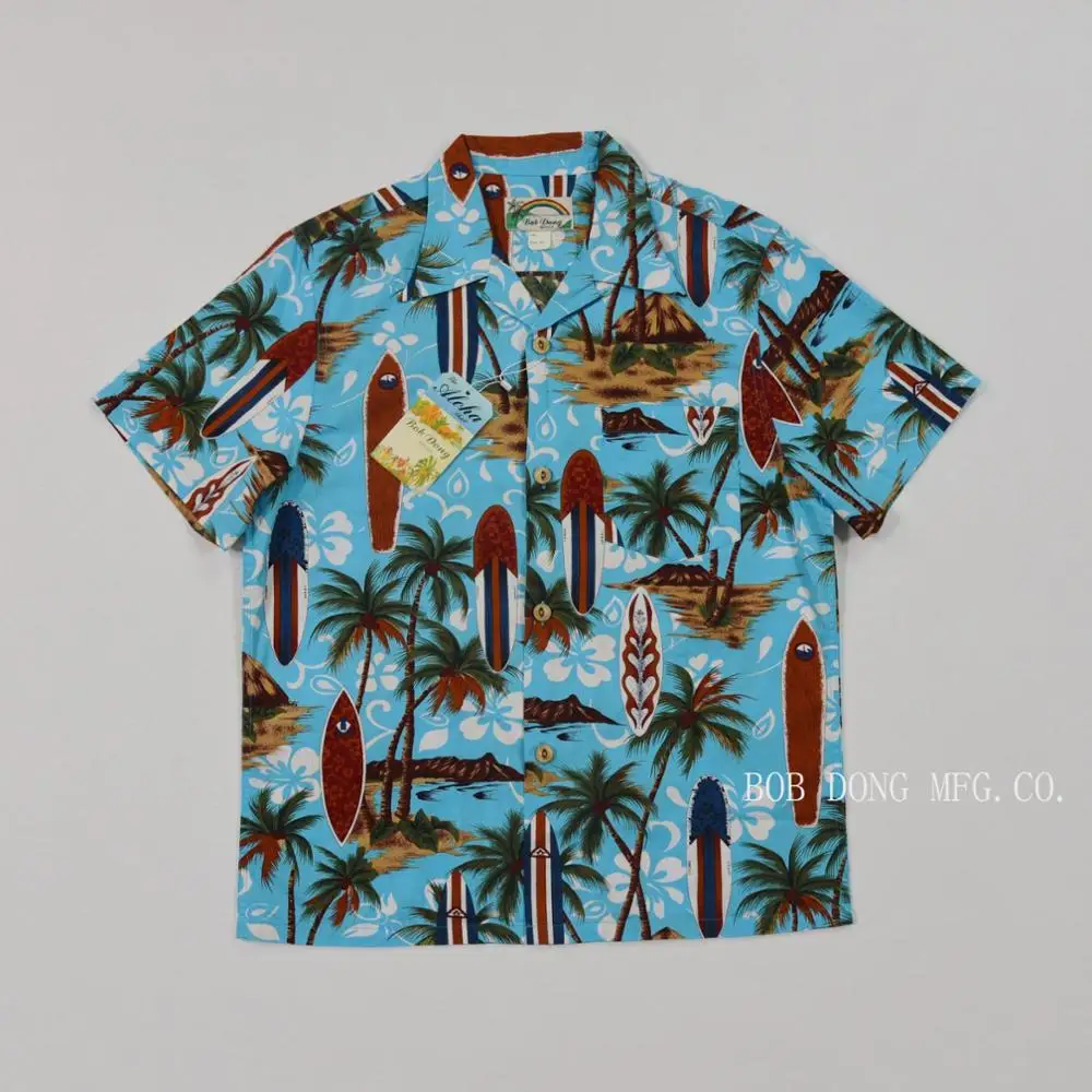 BOB DONG Surfboard Hawaiian Shirts For Men Tropical 100% Cotton Short Sleeve Tee