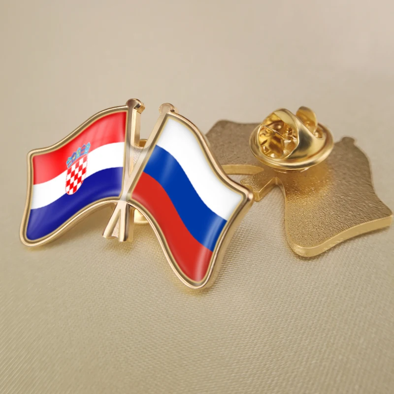 Russian Federation and Croatia Crossed Double Friendship Flags Lapel Pins Brooch Badges