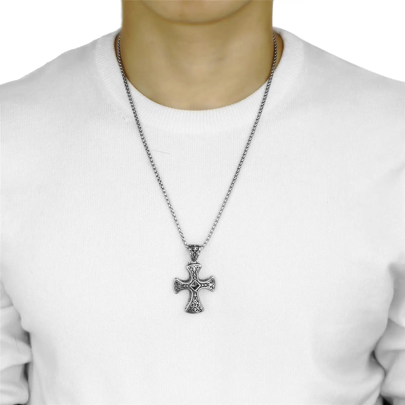 Elfasio Mens Boys Celtic Black CZ Cross Stainless Steel Pendant Necklace with 18-30inch Box Chain Vintage Jewelry