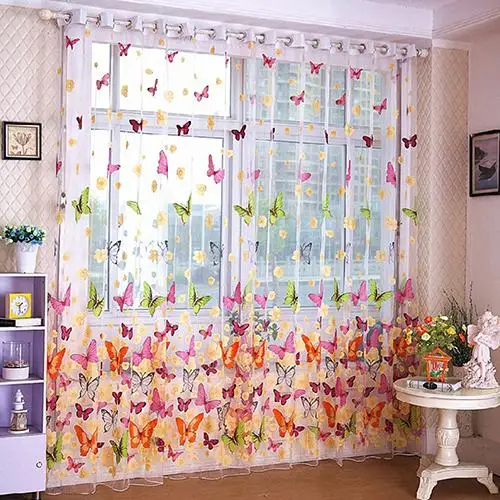 Butterfly Printed Tulle Voile Home Door Window Balcony Curtains for Living Room Window Balcony Sheer Panel Screen Curtains Home