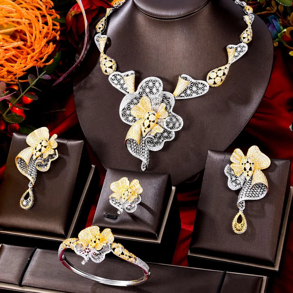 GODKI Fashion Hollow Flowers 4PCS Nigerian Jewelry Set For Women Wedding Party Zircon CZ Indian African Bridal Jewelry Set 2024