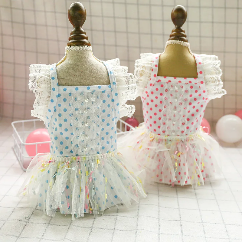 Lace Dog Dress Spring Summer Princess Party Skirt Dog Clothing For Dogs Chihuahua Yorkie Wedding Dot Gauze Dresses Pets Costumes