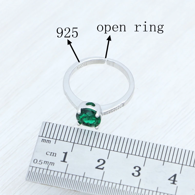 925 Silver Jewelry Set Natural Green Round Emerald Ring Earrings Pendant Necklace Open Ring for Woman Birthday Gift