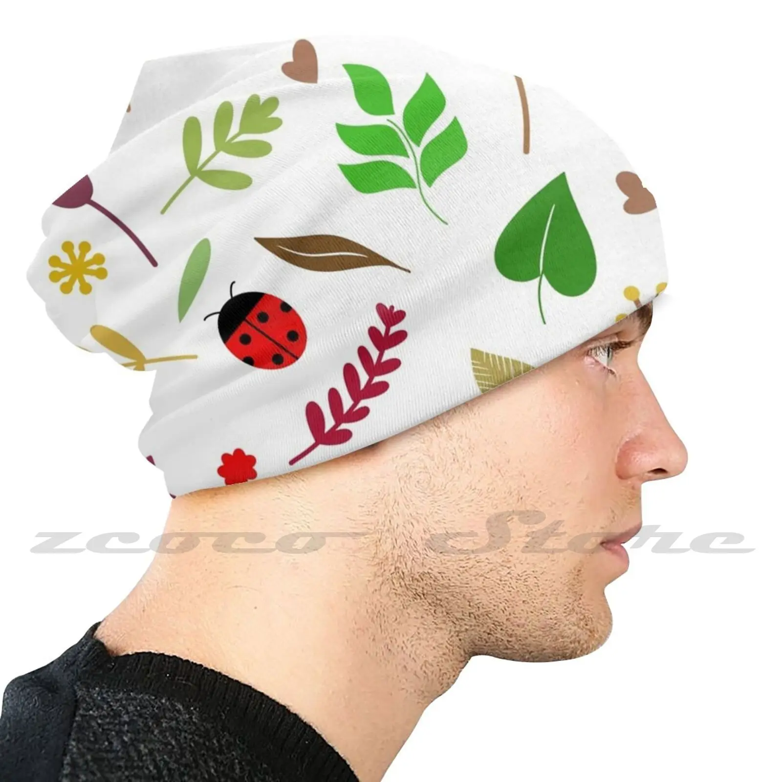 Plant & Ladybird Knit Hat Elastic Soft Personalized Pattern Present Cap Ladybird Plant Flowers