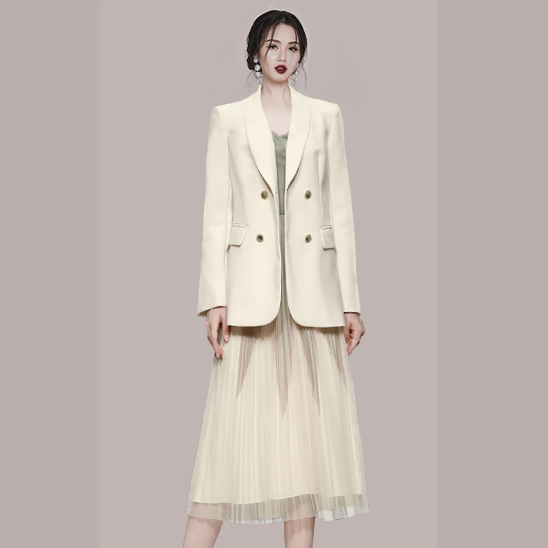 Early Autumn Elegant Office Women\'s Dress Set Solid Double-Breasted Blazers Jacket With Belt Mesh Base Strap Dress Two-Piece Set