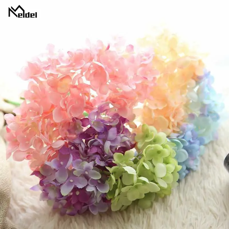 Meldel DIY Bouquet Artificial Hydrangea Flower Wedding Single Branch Silk Hydrangea Fake Flower Home Party Wedding Wall Decor