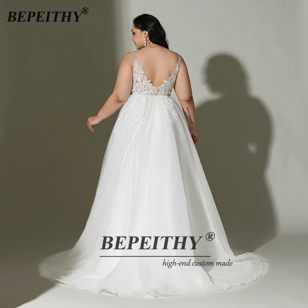 BEPEITHY Customized Plus Size V Neck Ivory Wedding Dress Dresses For Curve Women Sleeveless Bridal Gown Boho Vestidos De Festia