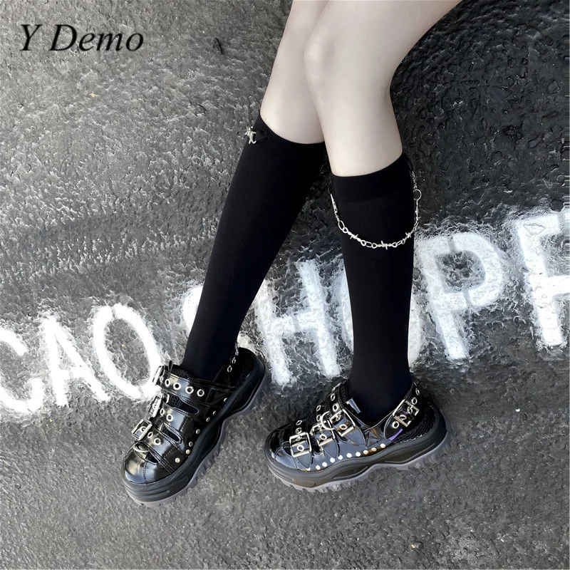 Y Demo Harajuku Thin Mid Calf Socks Women Casual Techwear Thorn Chains Sock