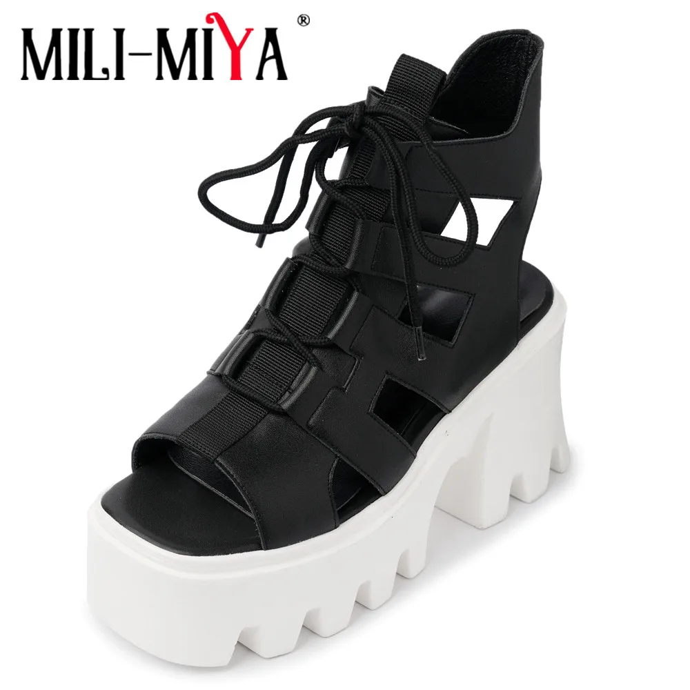 

MILI-MIYA Women New Brand Platform Chunky Heels Summer Lace Up Thick Bottom Slingback Sandals Peep Toe Comfort Street Style Shoe