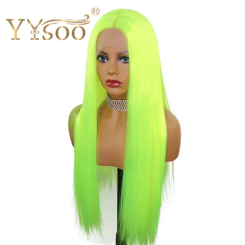 YYsoo Wig Sintetik Lurus Sutra Hijau Neon Panjang Wig Depan Renda Tanpa Lem untuk Wanita Wig Hijau Cosplay Tahan Panas