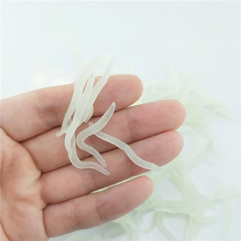 60pcs 4cm Fishing Silicone Luminous Simulation Smell Earthworm Lure Fish Soft Bait Red White Worms Isca Artificial Accessories