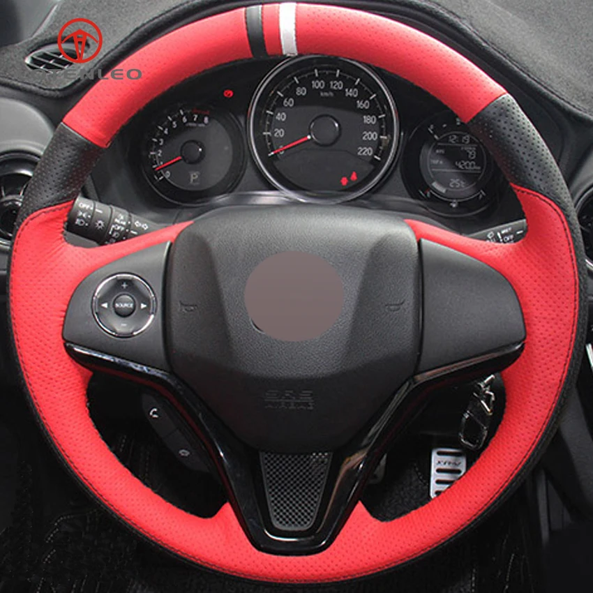 LQTENLEO Black Red Genuine Leather Car Steering Wheel Cover for Honda Fit City Jazz 2014-2019 HR-V HRV 2016-2019 Vezel 2015-2017