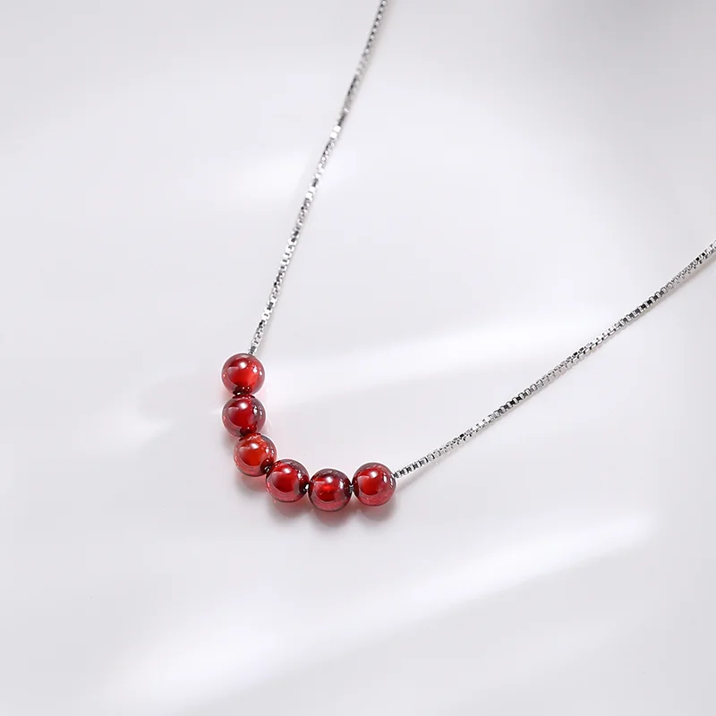 Exquisite 925 Sterling Silver Lucky Red Garnet Beads Pendants Crystal  Necklaces Women Party Romantic Fine Jewelry Box Chain New