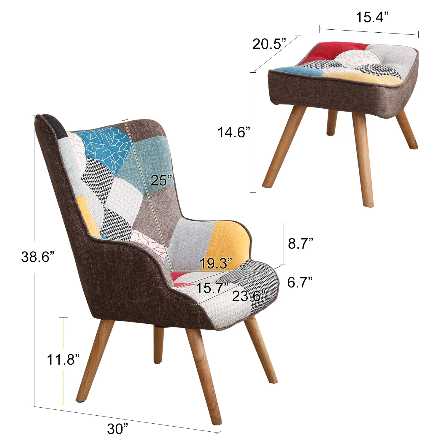 Chair&Ottoman Accent Chairs Modern Colourful&Patchwork Reading Chair W/Solid Wood Leg Linen Fabric Napping Armchair