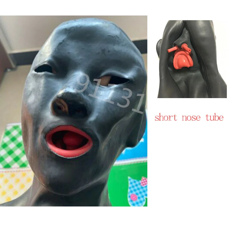 3D Latex Hood with 15CM Long Nose Tube and Red Teeth Gag Rubber Mask Open Eye for Women (Head Around Size 54-57CM )