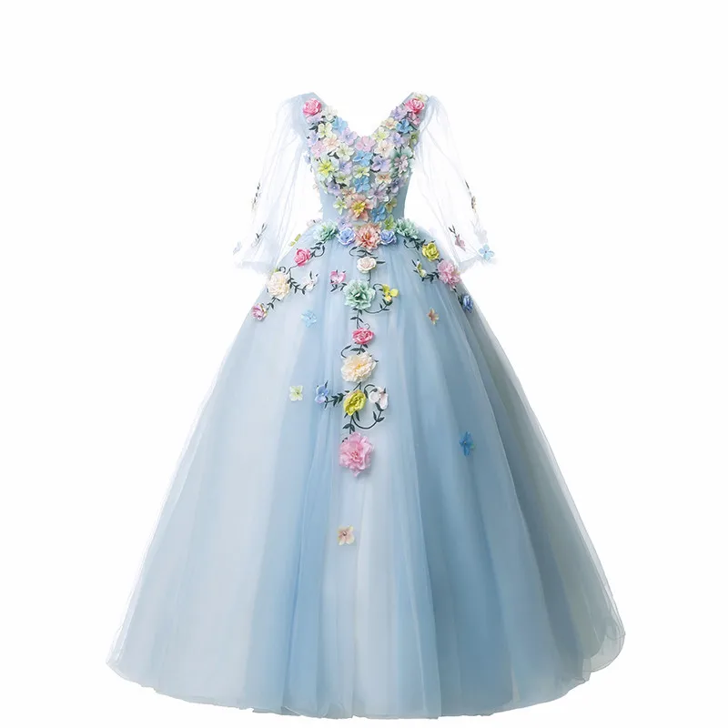 Vestido De quinceañera con apliques De manga larga, para baile De Quinceañera De 15 años, con flores y cuello en V, 2018