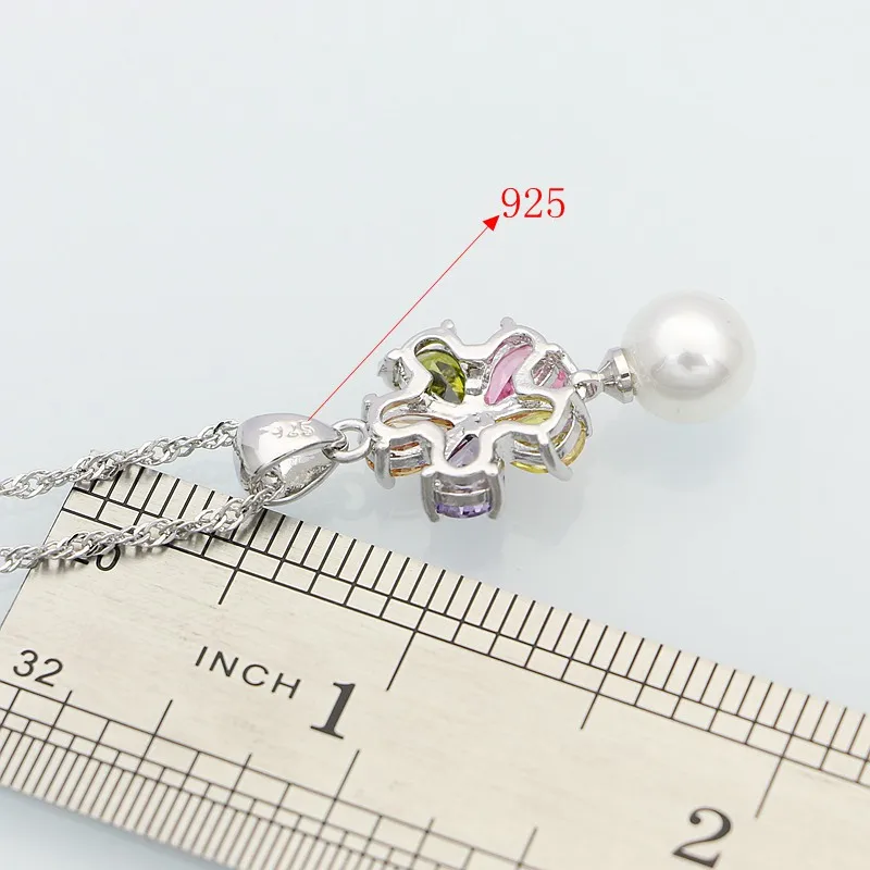925 Sterling Silver Jewelry Multicolor Cubic Zirconia White Pearls Jewelry Sets For Women Necklace/Earring/Bracelet/Pendant/Ring view 6