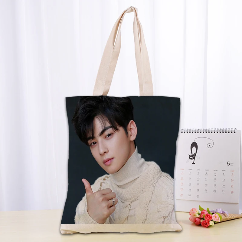 KPOP Cha EunWoo Tote Bag Women Canvas Fabric Bags Eco Reusable Shopping Bags Traveling Beach Casual Useful Shoulder Bag