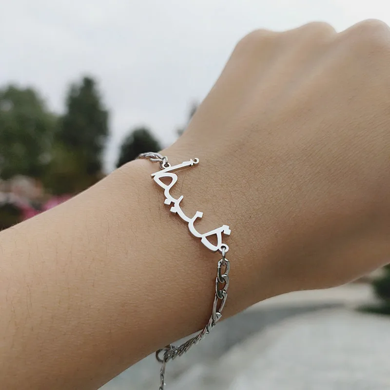 Custom Arabia Name Bracelet For Women Personalized Bangle Stainless Steel Figaro Chain Fashion Cuff Bangle Gift for Her