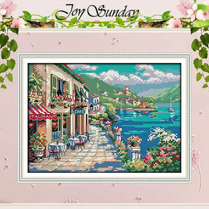 Seaside Cafe Patterns Counted Cross Stitch Set DIY 11CT 14CT 16CT Stamped DMC Cross-stitch Kit Embroidery Needlework Home Decor