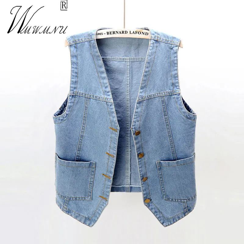 

Fashion V-Neck Denim Vests Women Spring Summer Short Sleeveless Jacket Casual Chaleco Single-Breasted Oversize Jean Waistcoat