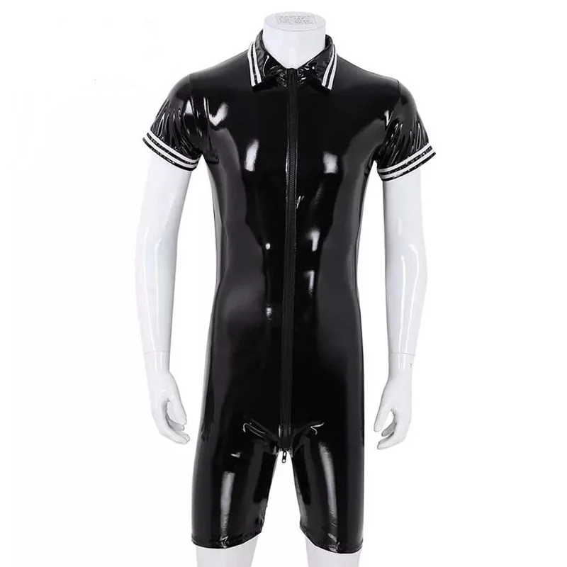 

Plus Size Mens Sexy Glossy PVC Leather Bodysuit Erotic Shaping Latex Casual Coat Male Shiny Metallic Patent Leather Shirts Sexi