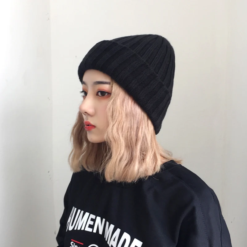 

H3557 Women Knitting Beanie Hat Girl Autumn Winter Warm Solid Color Thickened Skullies Cap Korean Fashion Couple Student Hats