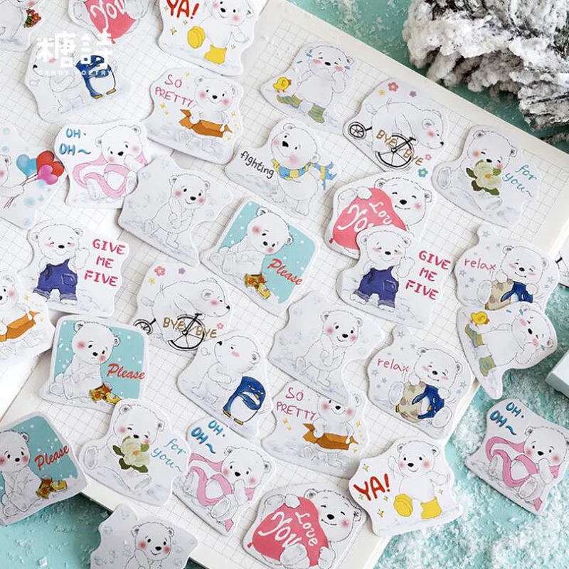 45pcs Adhesive Sticker Milk White Bear Decoration Mobile Phone Album Shaped Sealing Sticker Boxed Scrapbook Sticker Stationery