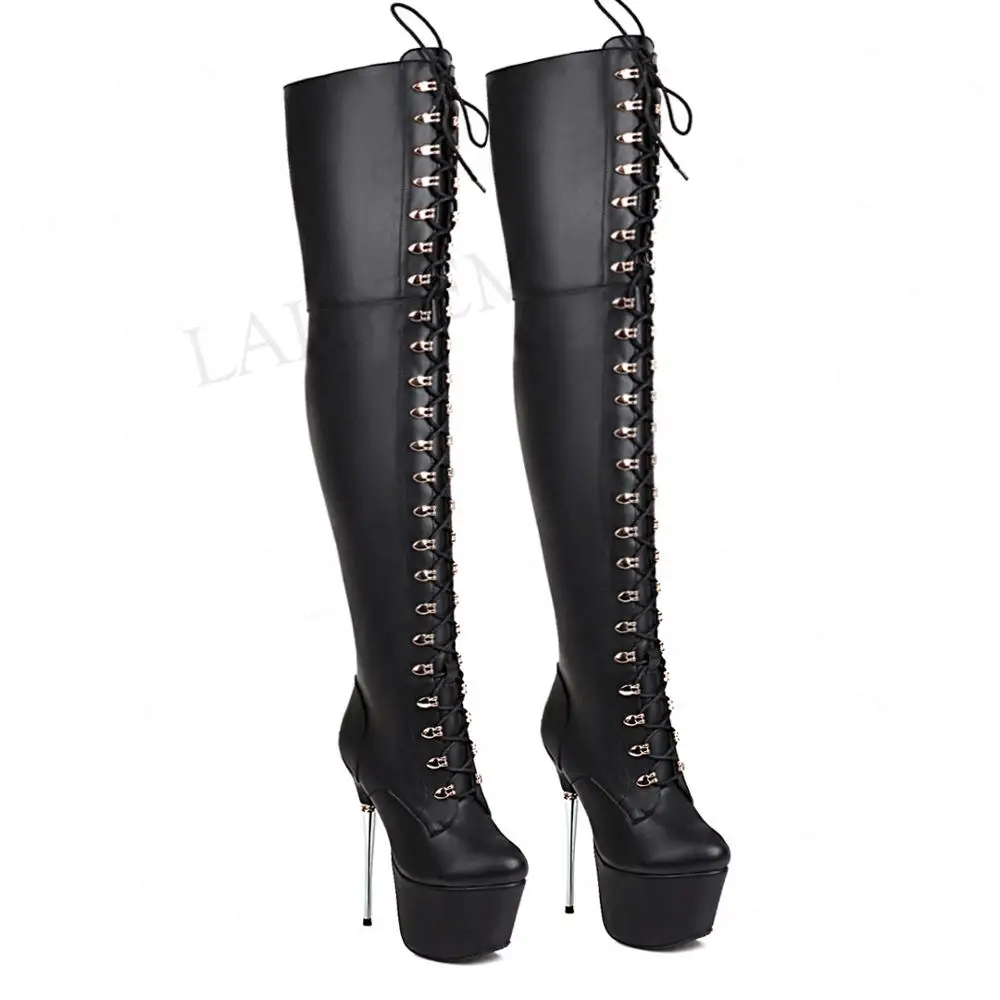 LAIGZEM Women Thigh High Platfrom Boots Wide Calf Friendly 16CM Metal Stiletto High Heels Boots Over Shoes Woman Size 32 42 43