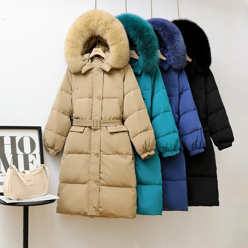 

2021 Winter New White Duck Down Jacket Women Hooded Thickened Waist Overzied Fur Collar Pure Color Fashion All Match Warm Coat