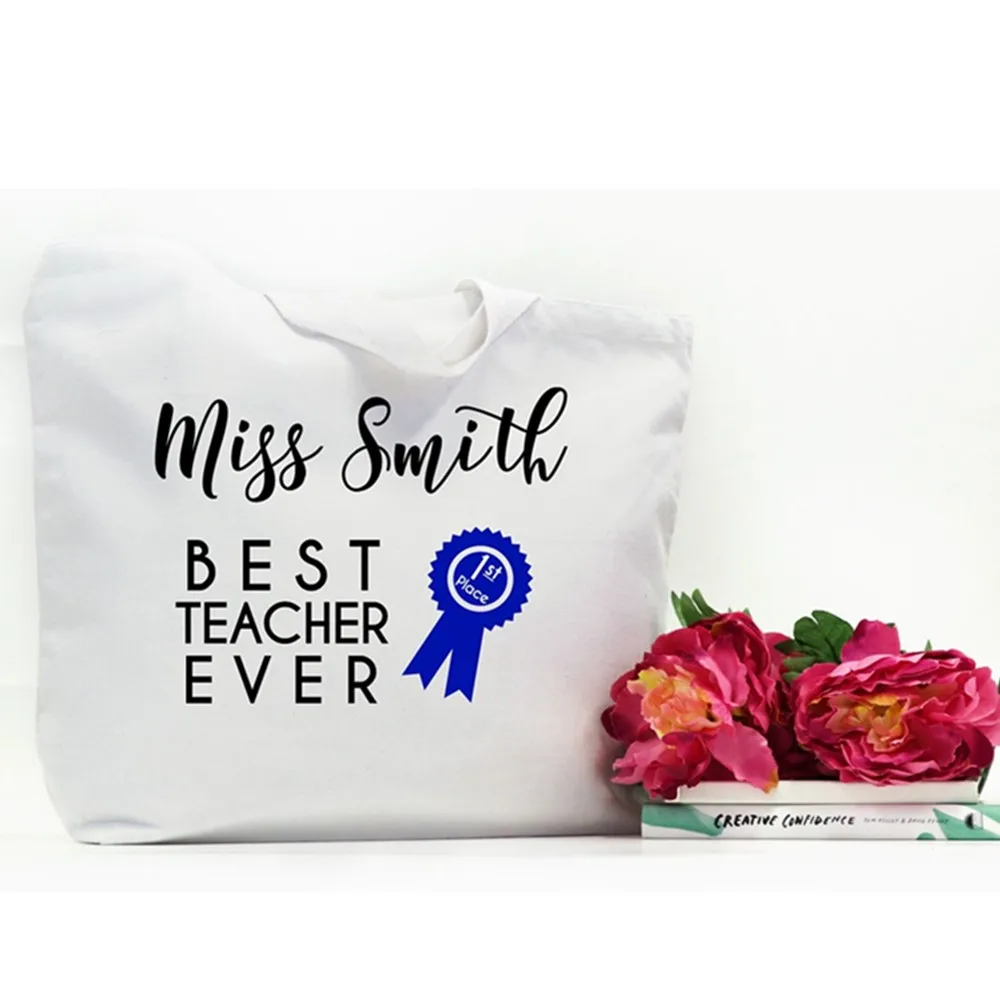 personalized Best teacher ever tote bag,Blue ribbon designs,Teacher name  gifts bags ,cutom Tote bag for teacher,