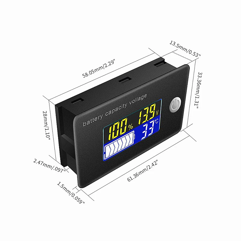 DC 10V-100V Battery Capacity Indicator 12V 24V 36V 48V 60V 72V Li-ion Lead acid Battery Tester LCD Voltmeter Temperature Meter