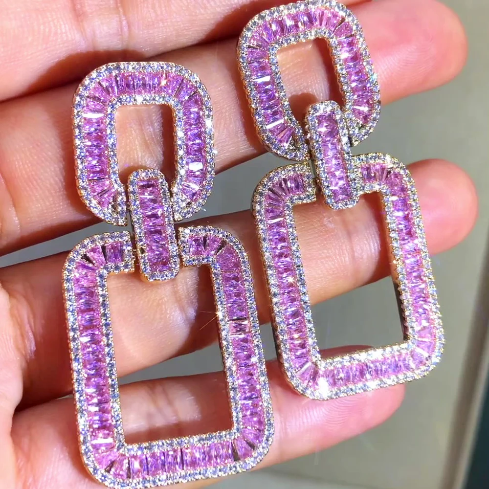 

missvikki Gorgeous Trendy Pink Purple Big Square Earrings for Noble Women Bridal Luxury Wedding Earrings Jewelry Ladies Daily