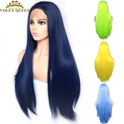 Voguequeen Donkerblauw Synthetische T Lace Front Pruik Geel Groen Kleur Pruiken Hittebestendige Vezel Dagelijkse Dragen Voor Vrouwen