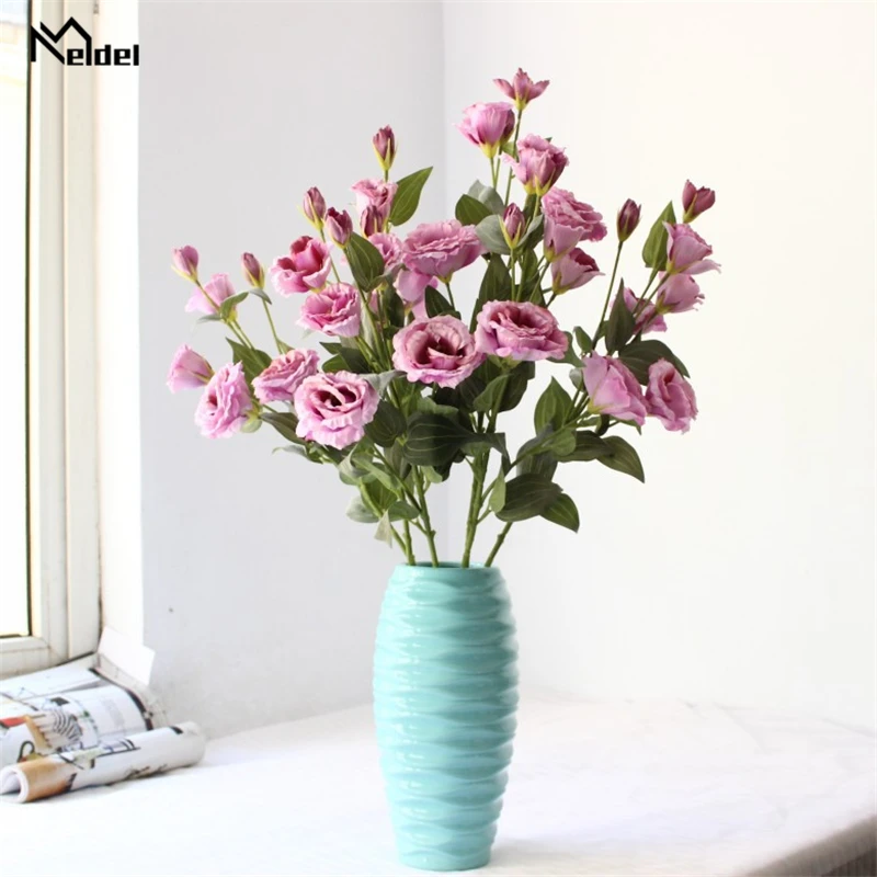 Meldel DIY 인공 꽃 부케, 실크 Lisianthus 홈 파티 웨딩 테이블 장식, 가짜 Lisianthus 장미 꽃꽂이