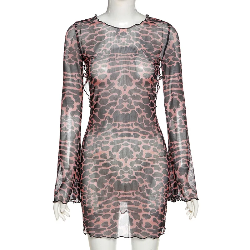 BKLD-vestido ajustado de manga acampanada con cuello Halter para mujer, con espalda descubierta traje Sexy, estampado de leopardo, moda de otoño e invierno, 2024