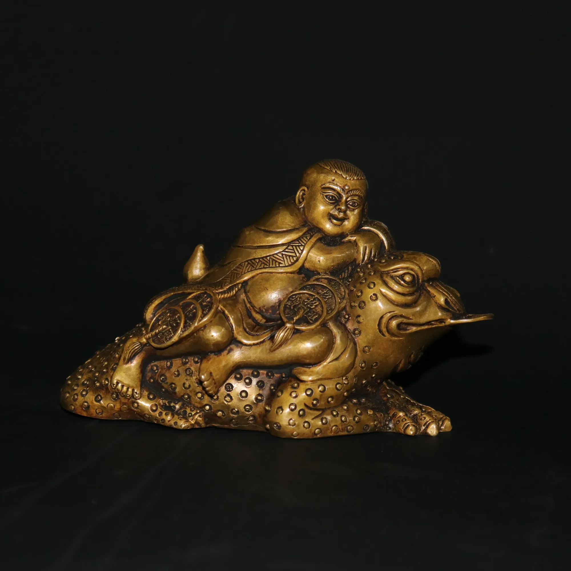 

6"Tibetan Temple Collection Old Bronze Bangs Play with Golden Toad statue Boy Jin Chan Gather wealth Office Ornaments Town House