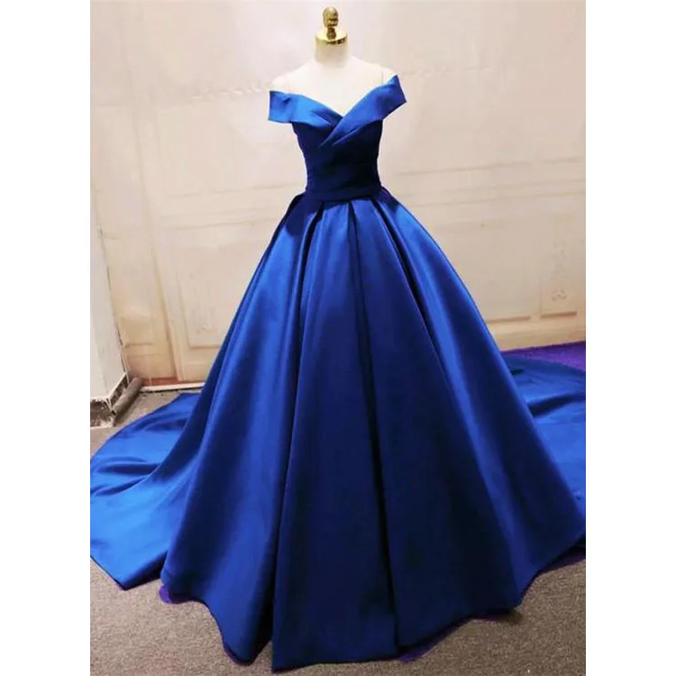 Robe de soirée en Satin bleu Royal 15, magnifique robe longue à épaules dénudées, col en V, robe de bal